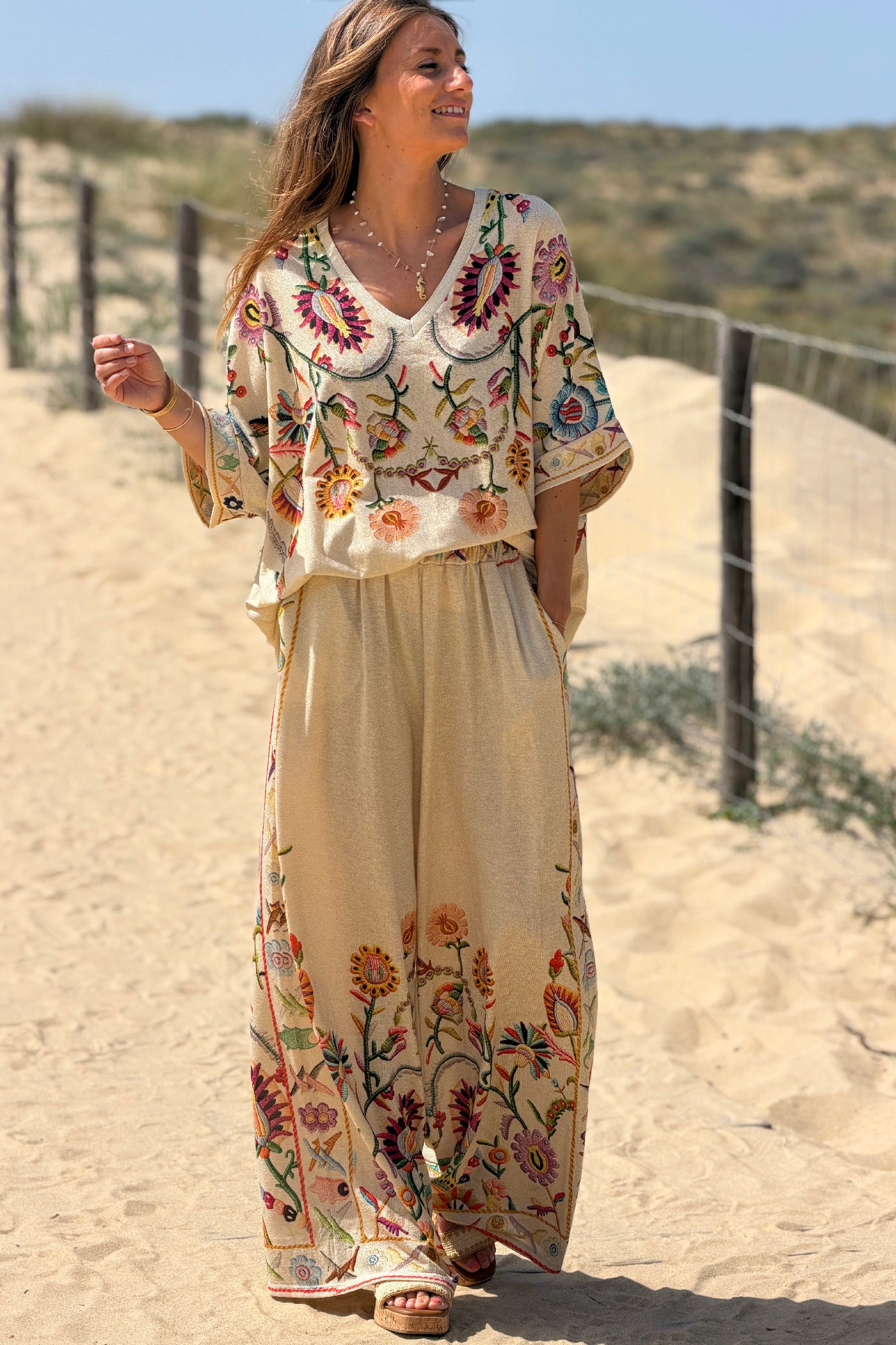 Beige Embroidered Folk Garden V-Neck Tunic