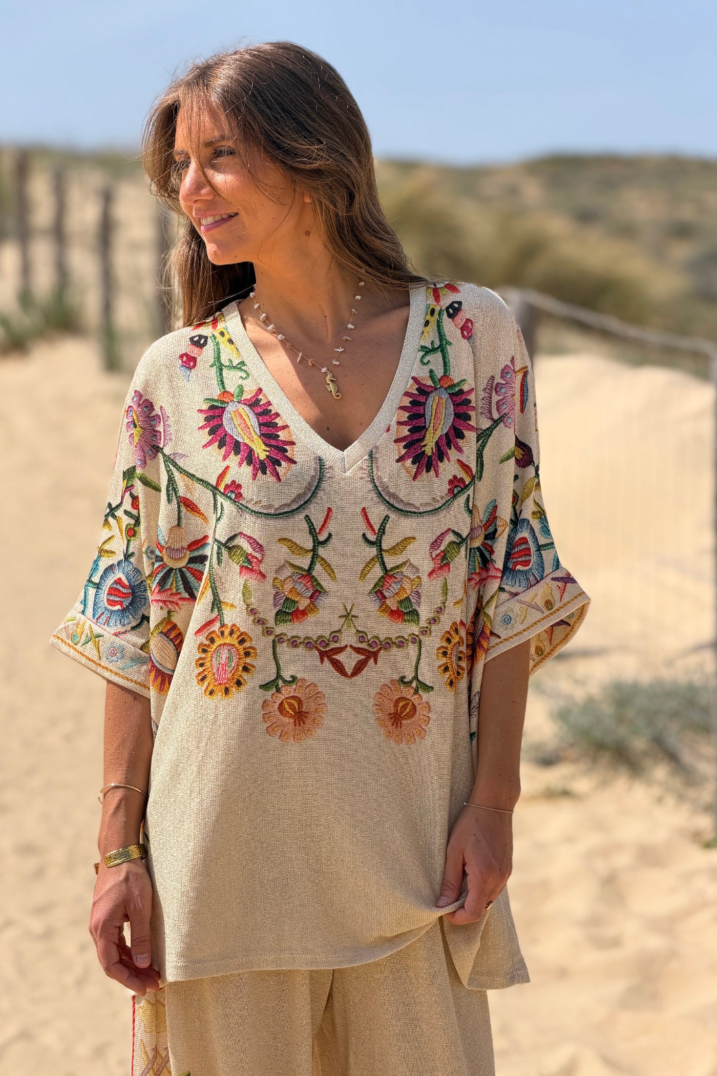 Beige Embroidered Folk Garden V-Neck Tunic