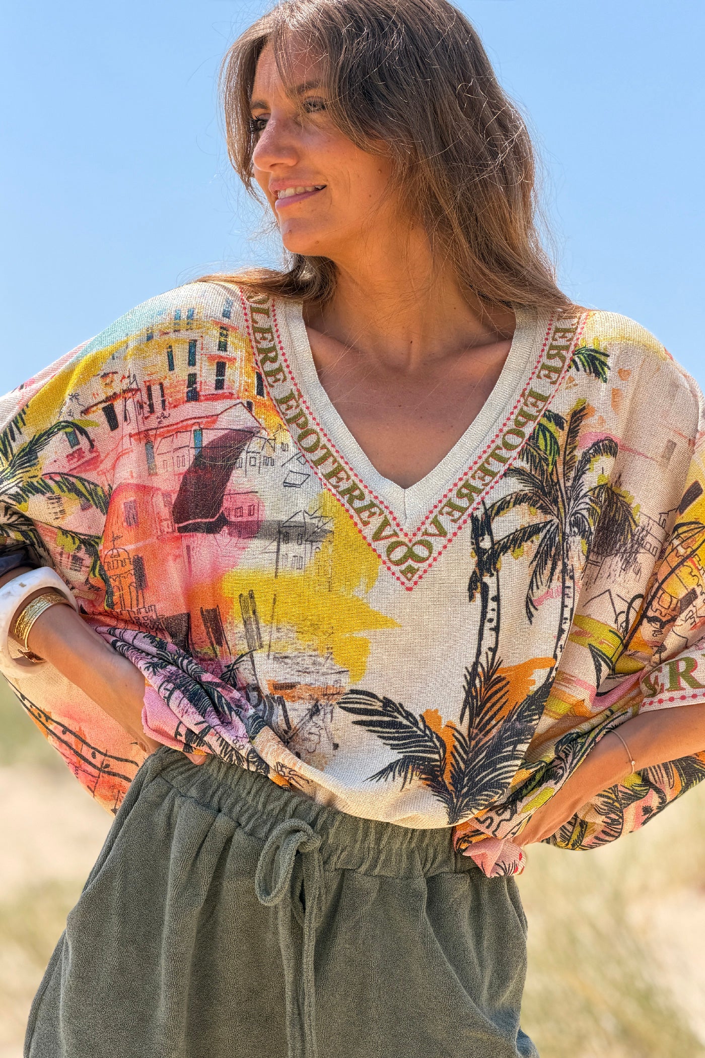 Cream Tropical Village Glitter Knit Tunic