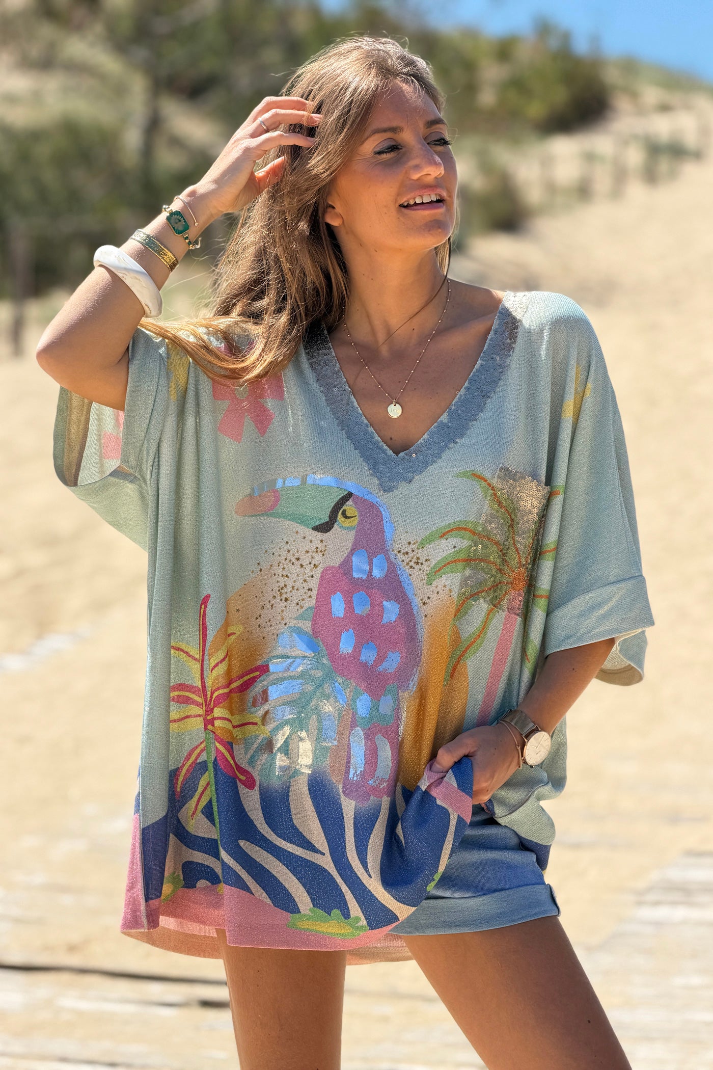 Blue Peaceful Toucan Glitter Knit Tunic
