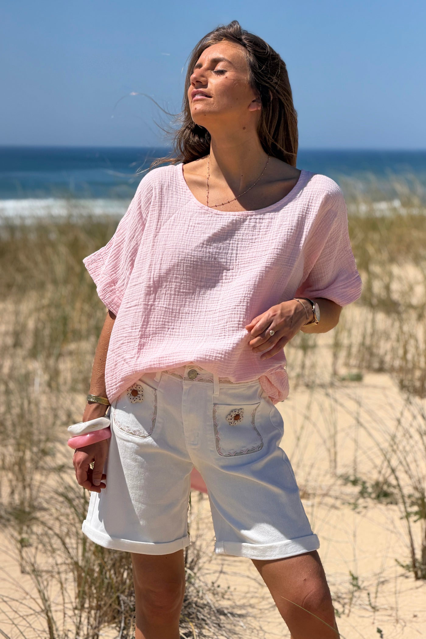 Top large rose en gaze de coton basique col rond