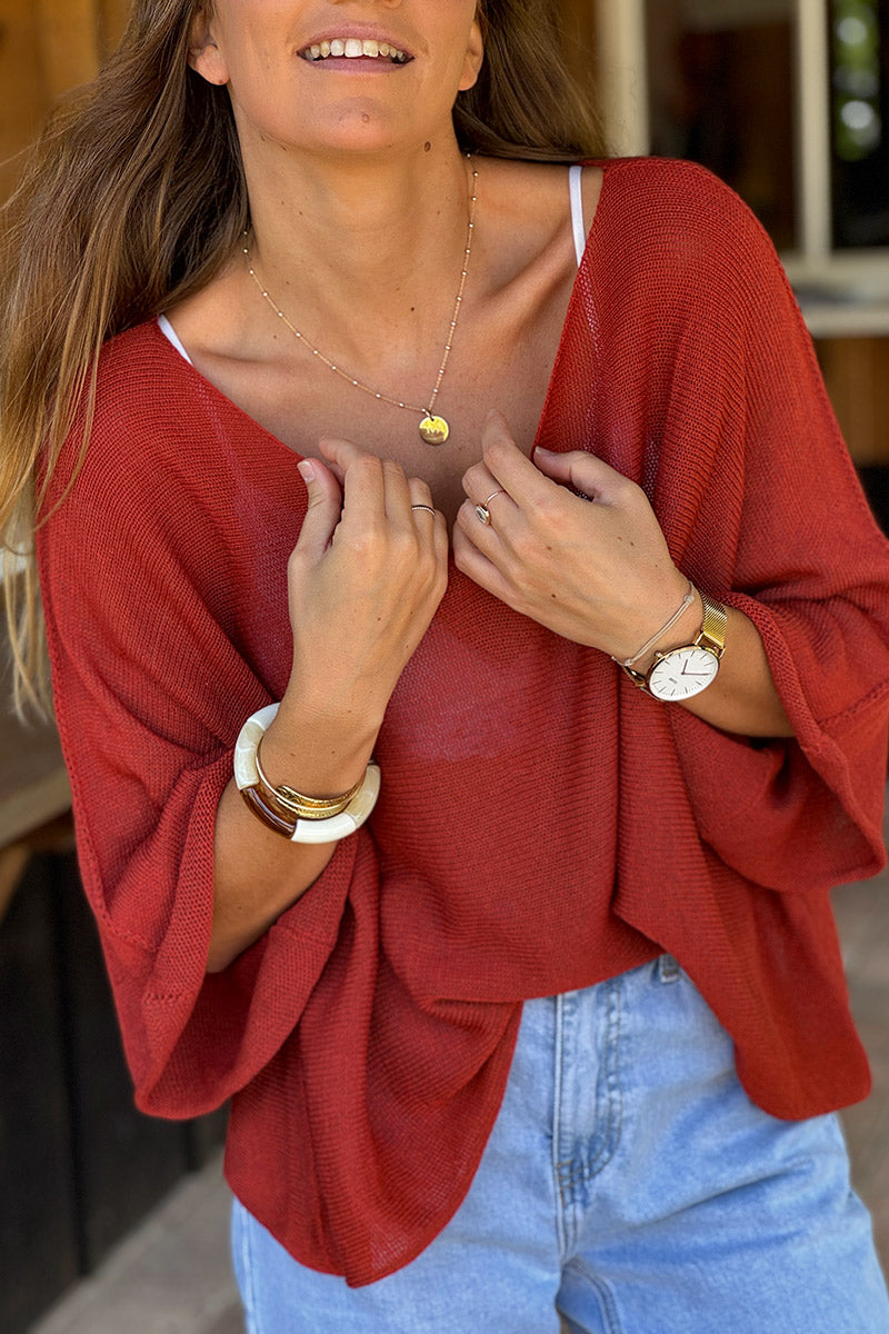 Top large terracotta en maille coton mélangé manches chauve souris col V