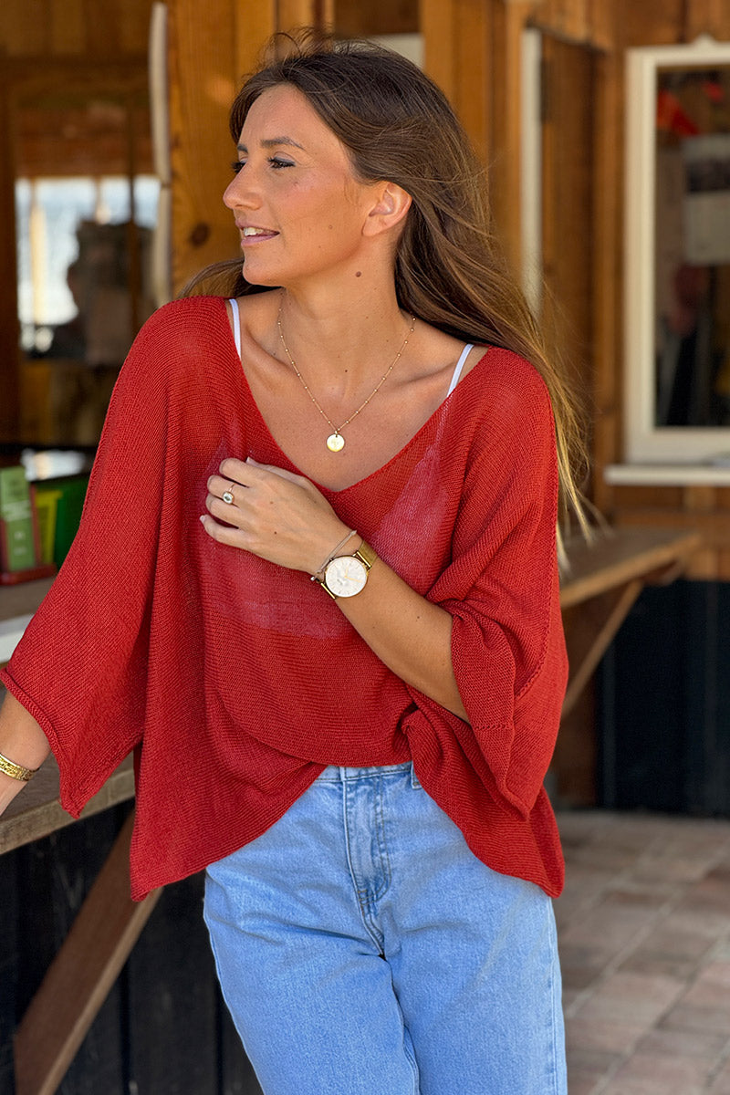 Top large terracotta en maille coton mélangé manches chauve souris col V