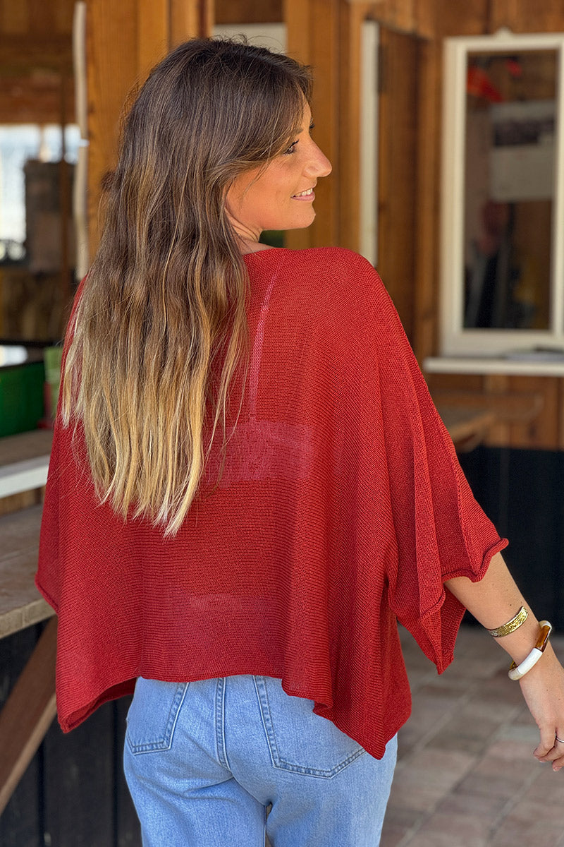 Top large terracotta en maille coton mélangé manches chauve souris col V