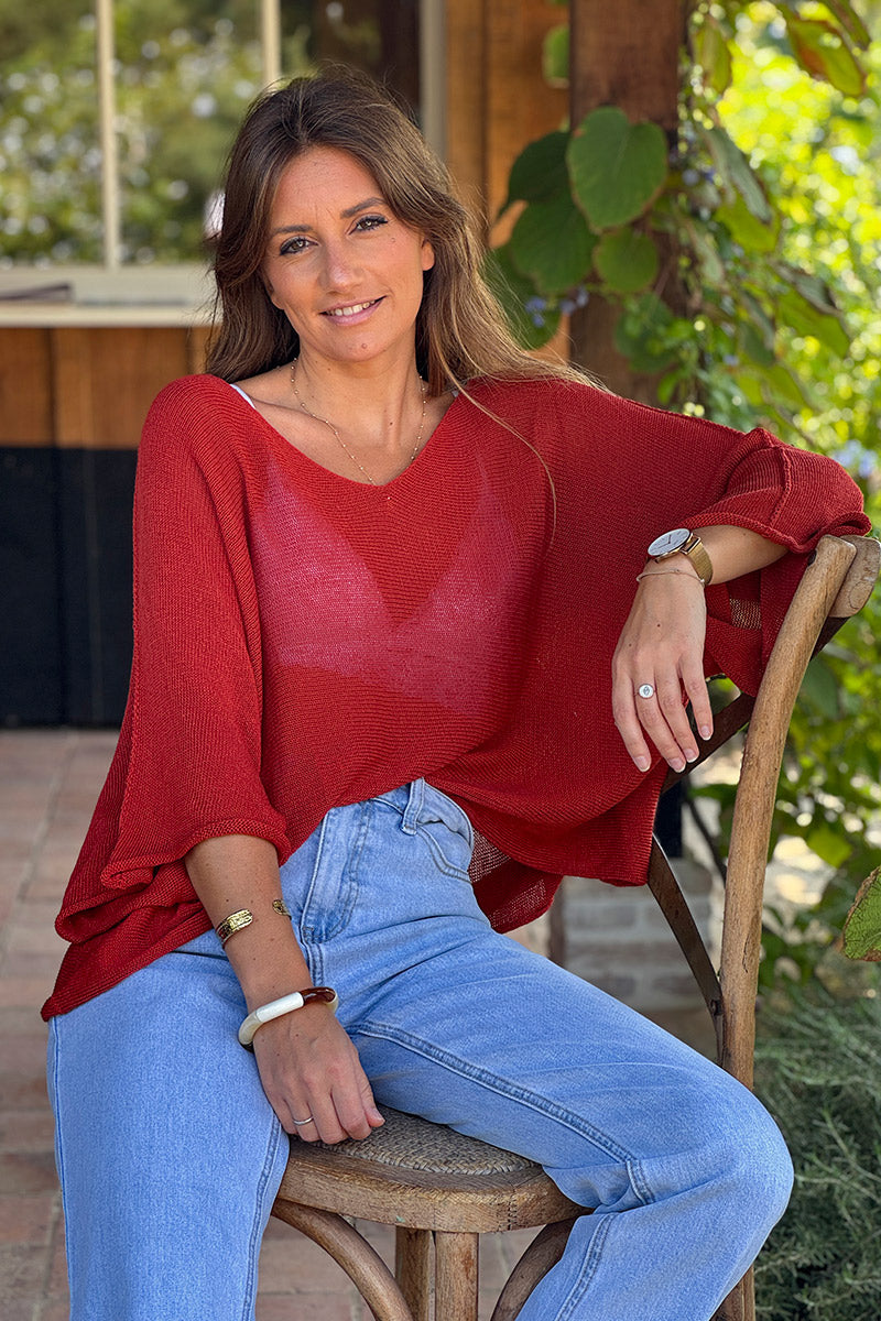 Top large terracotta en maille coton mélangé manches chauve souris col V