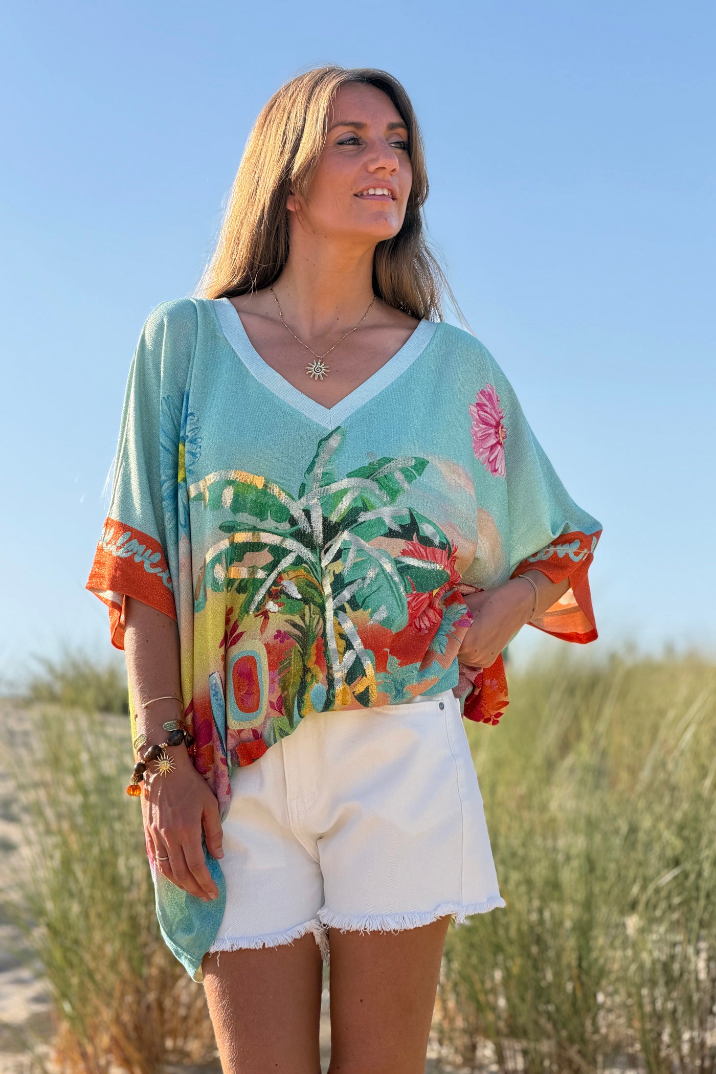 Top large turquoise brillant lurex imprimé tropical palmiers