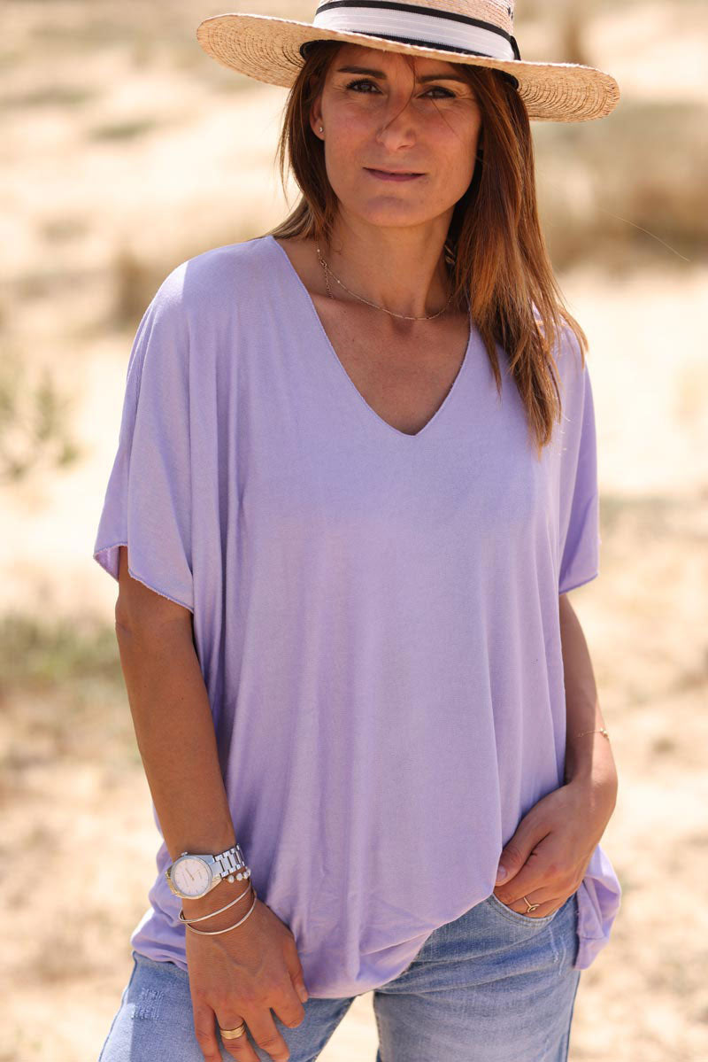 Top lillas fluide confort et stretch col V