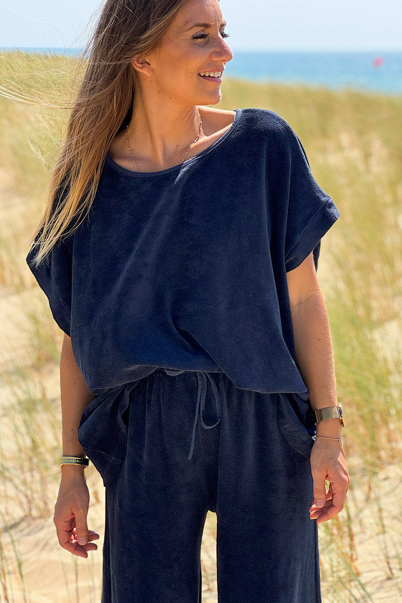 Top loose bleu marine en éponge col bateau