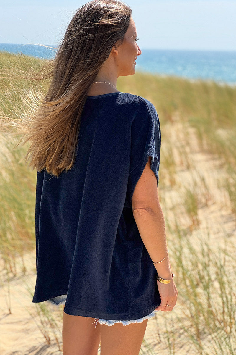 Top loose bleu marine en éponge col bateau