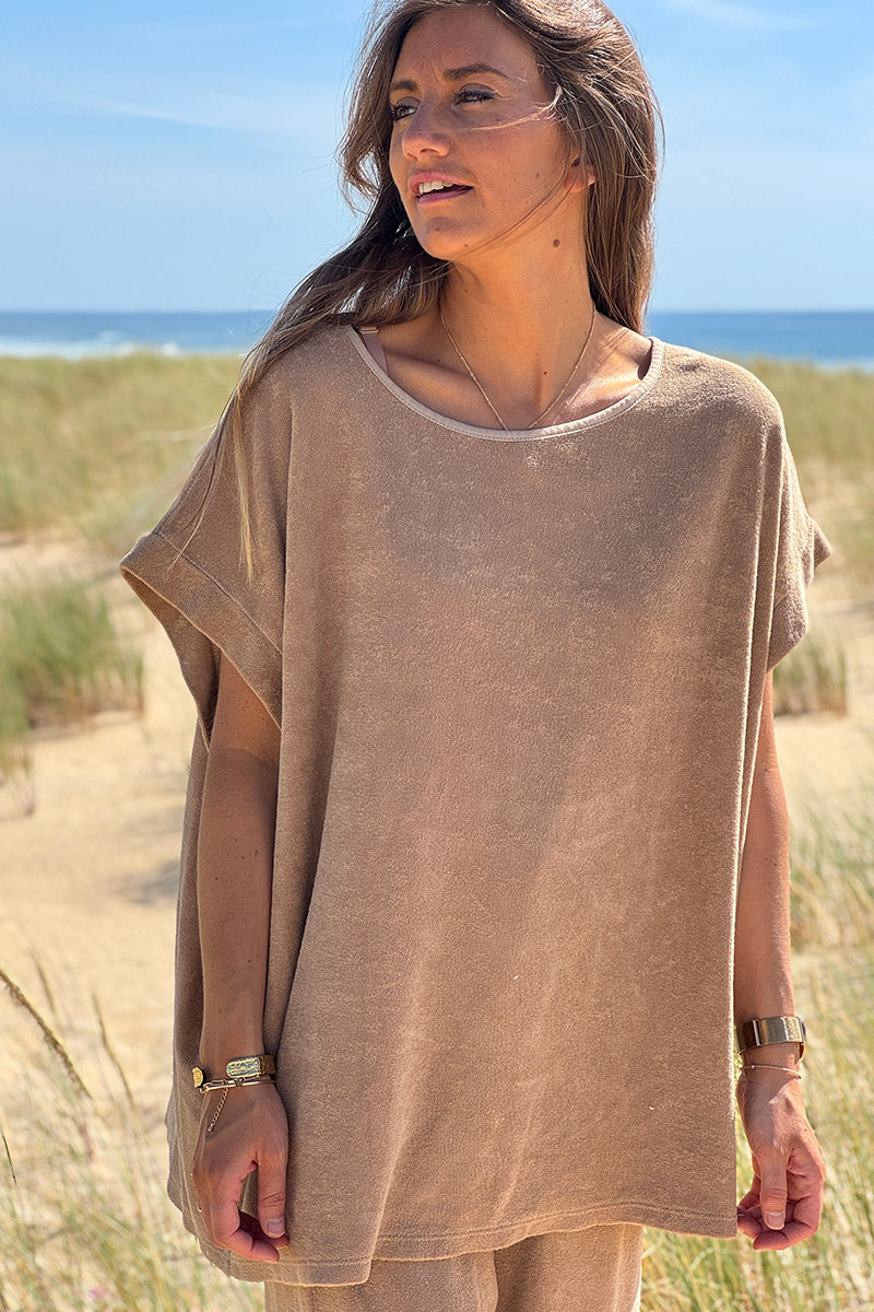 Top loose camel en éponge col bateau