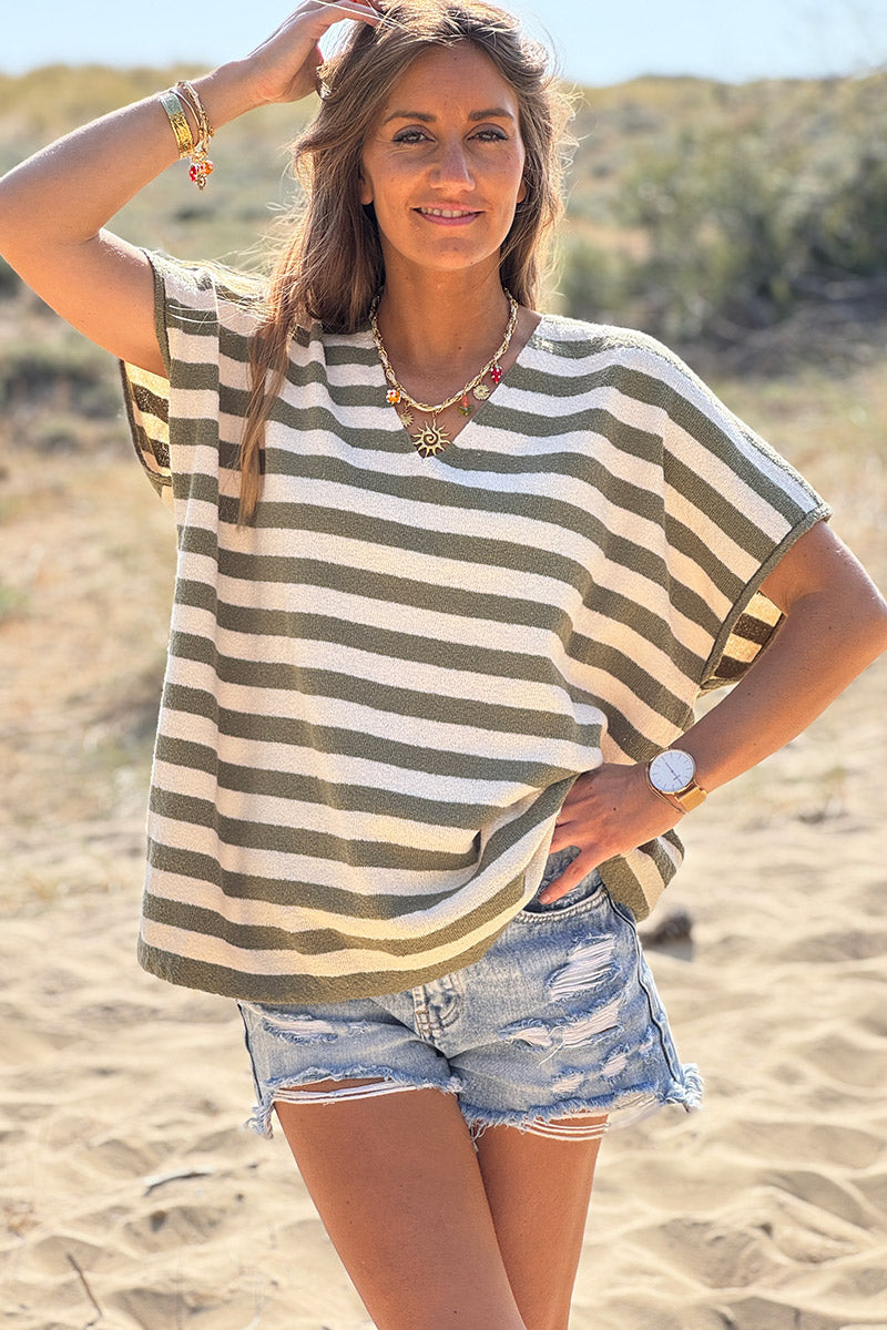 Olive Stripe V-Neck Knit Tunic