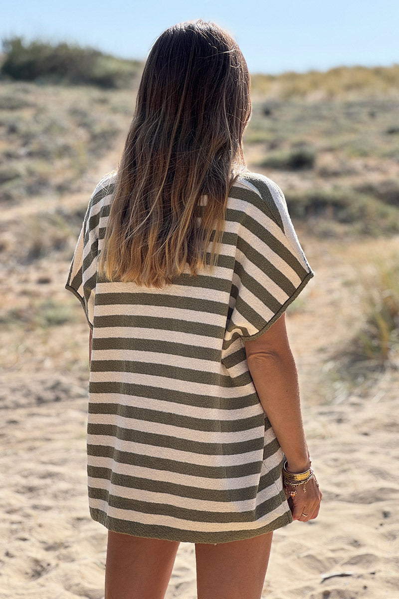 Olive Stripe V-Neck Knit Tunic
