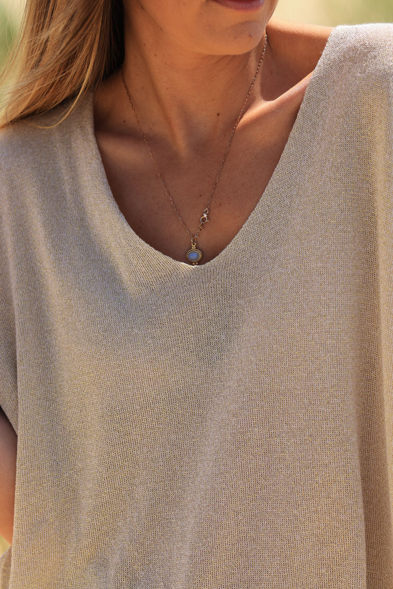 Beige metallic fine knit relaxed fit top