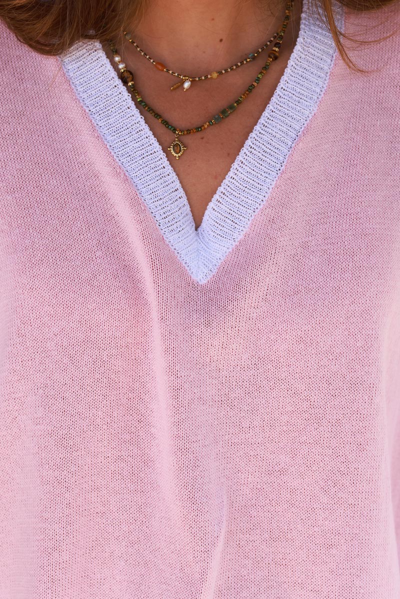 Top loose rose pâle en maille coton ouvert aux manches