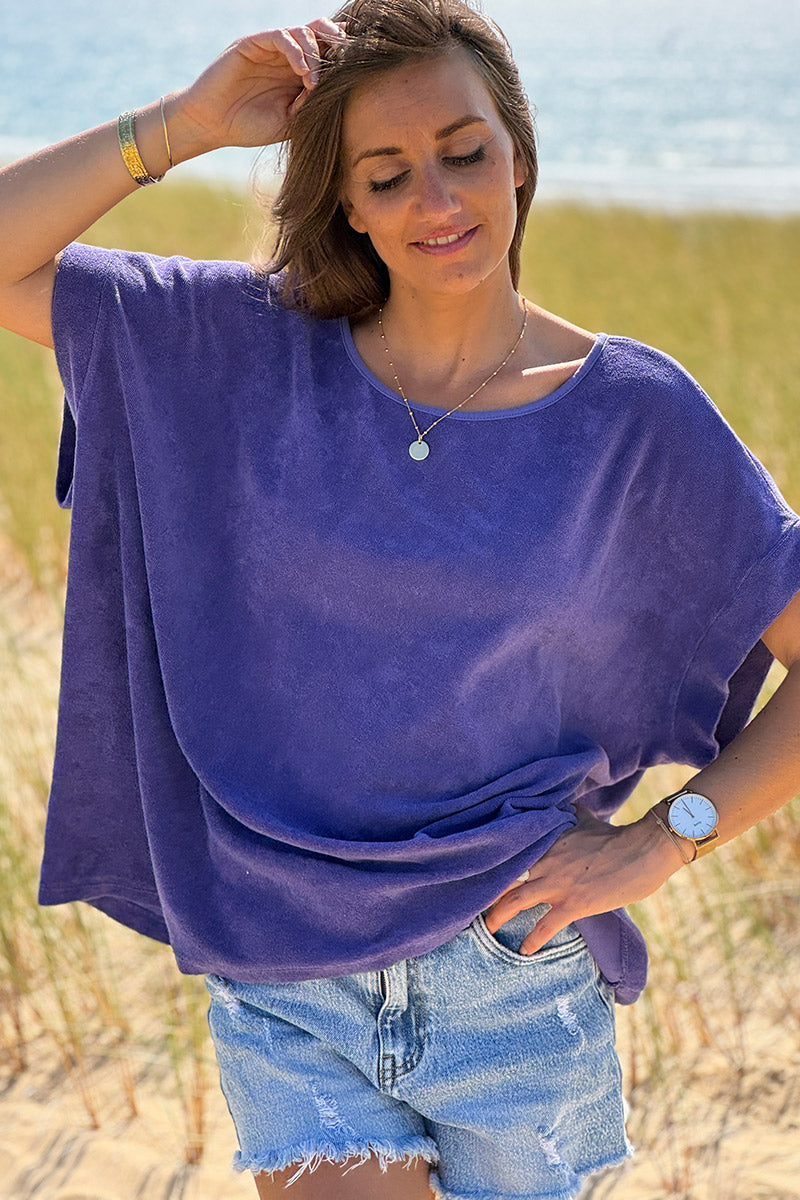 Top loose violet en éponge col bateau