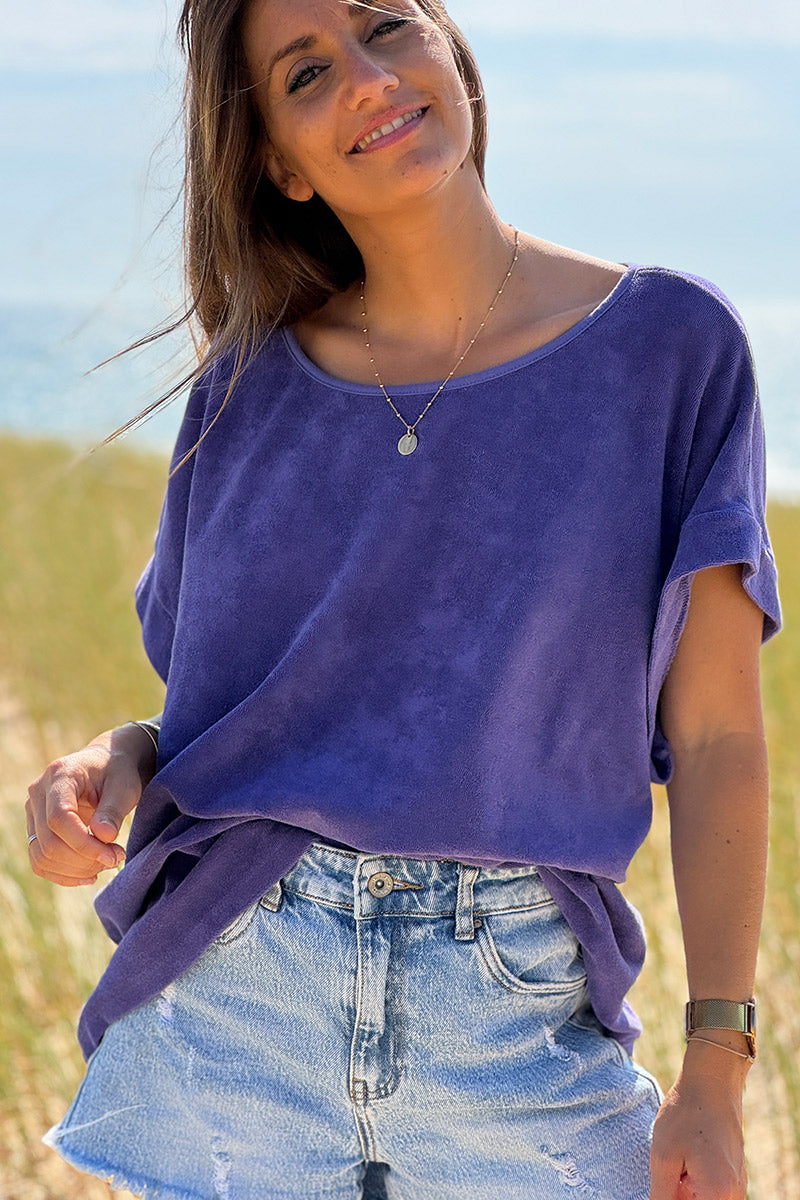 Top loose violet en éponge col bateau