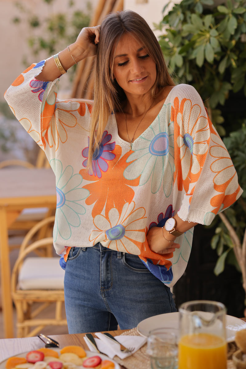 Top maille coton grandes marguerites colorées