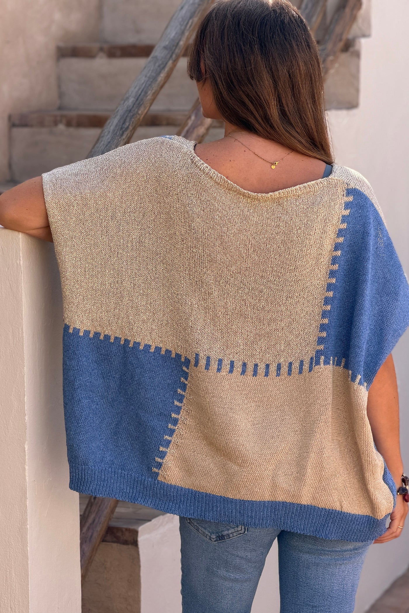 Blue Glitter Knit Blanket Square Blouse