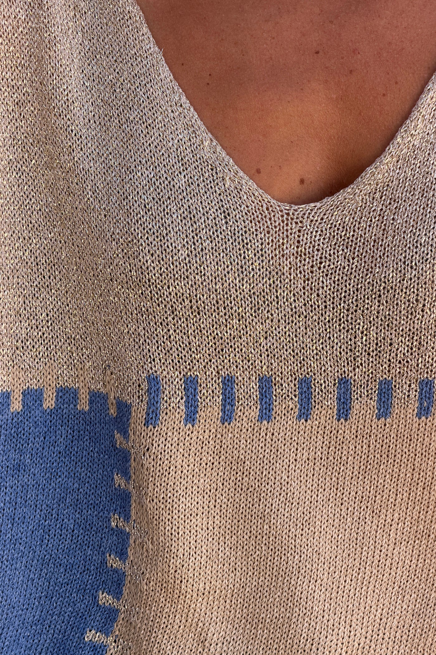 Blue Glitter Knit Blanket Square Blouse