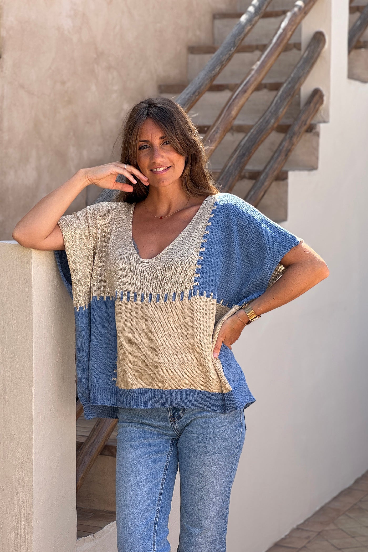 Blue Glitter Knit Blanket Square Blouse