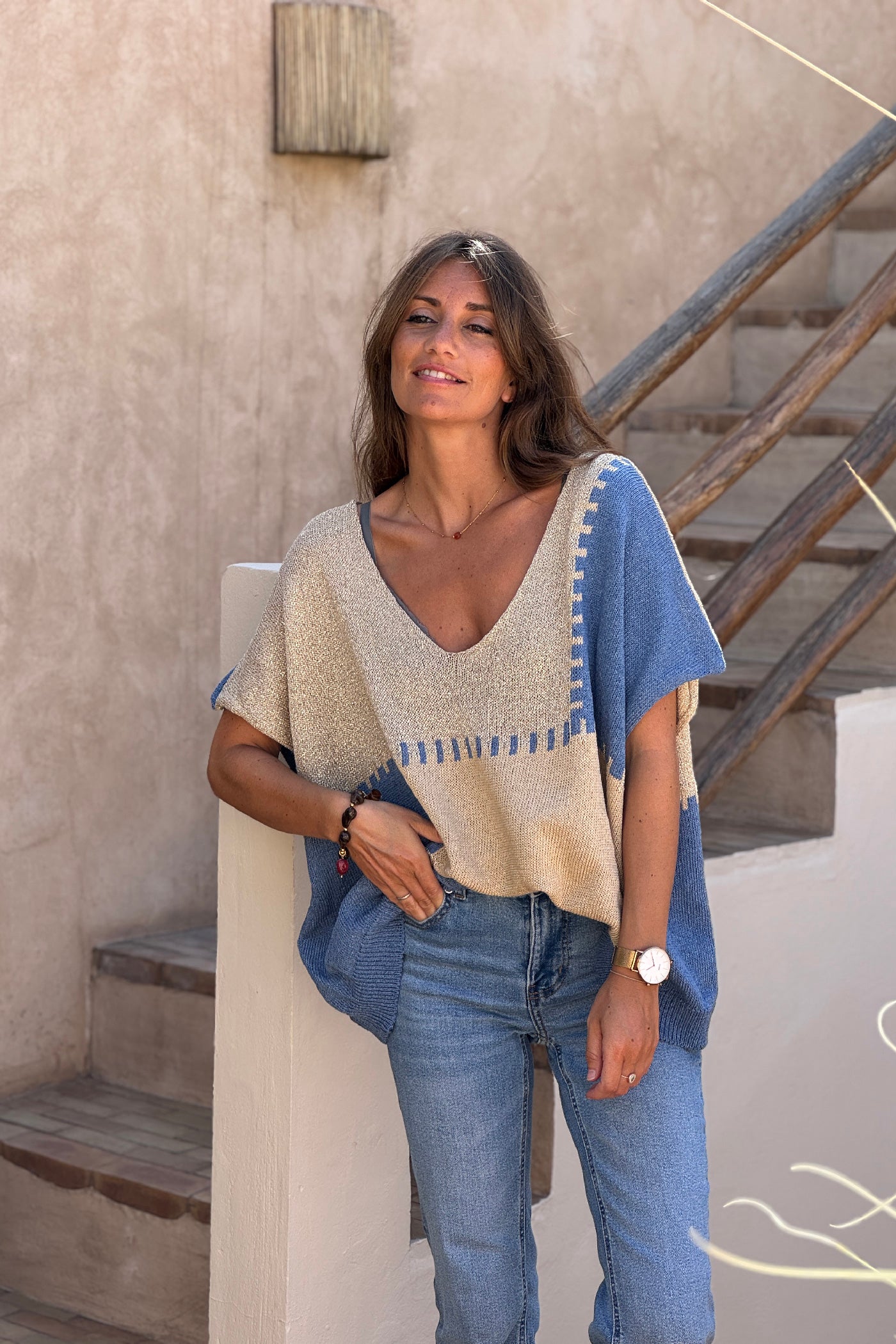 Blue Glitter Knit Blanket Square Blouse