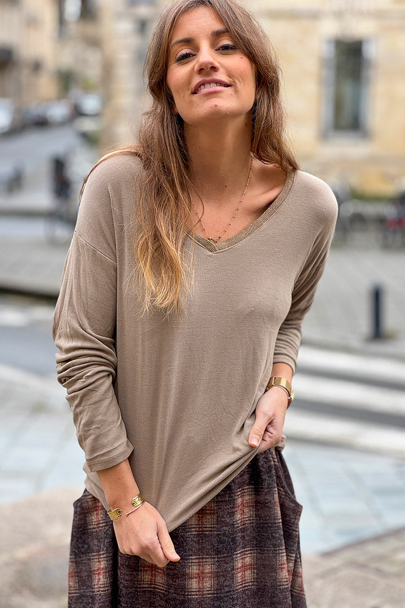 Taupe Sparkle V-Neck Viscose Top