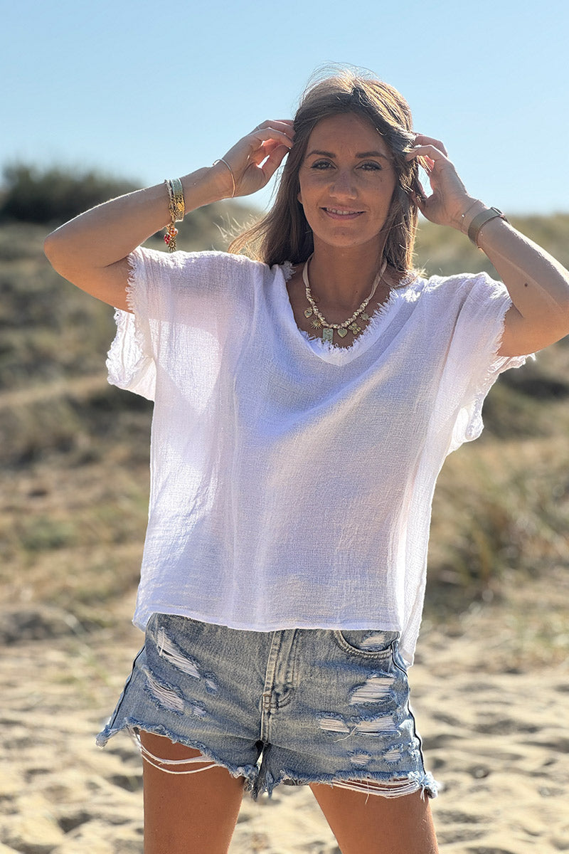 White Raw Edge Linen Shirt