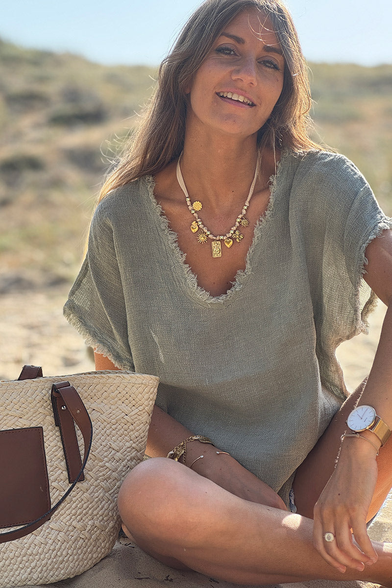 Olive Raw Edge Linen Shirt