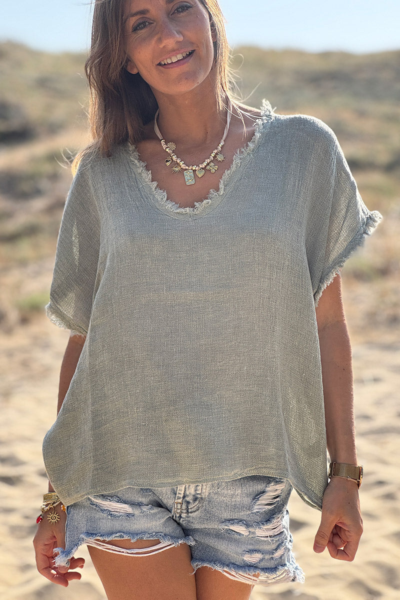Olive Raw Edge Linen Shirt