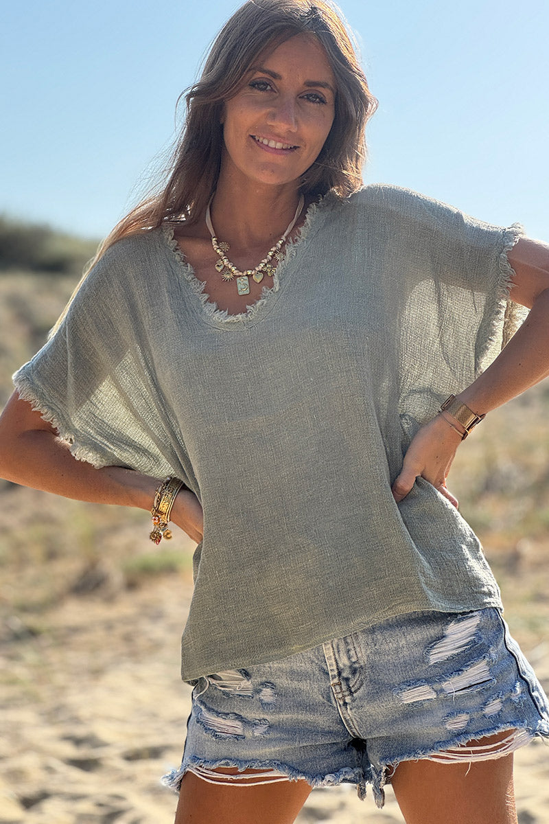 Olive Raw Edge Linen Shirt