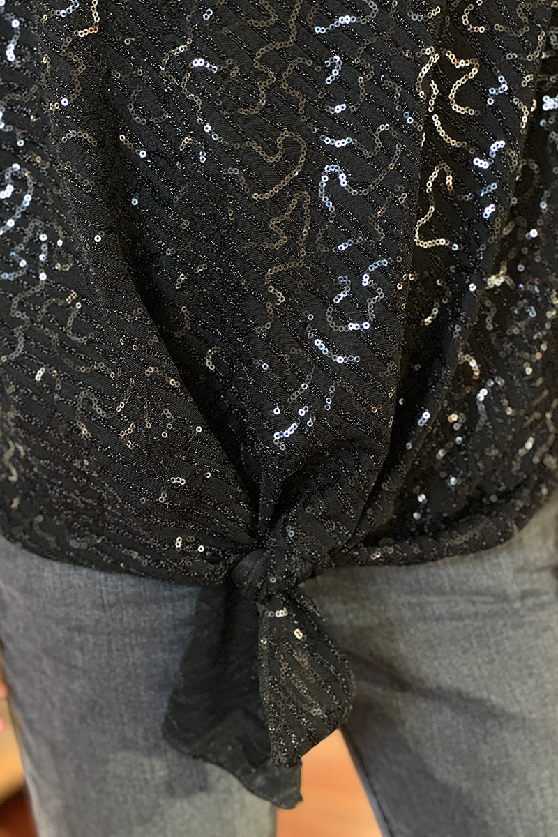 Black Sequin Patterned Tie-Front Blouse