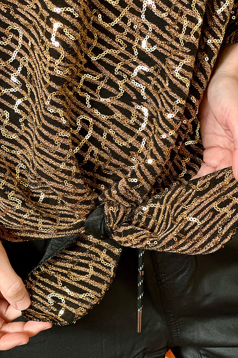 Bronze Sequin Patterned Tie-Front Blouse