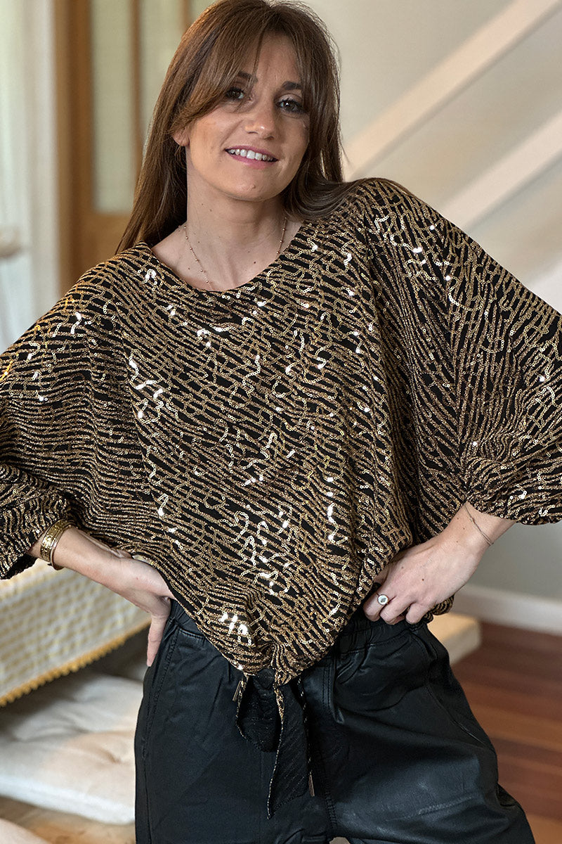 Bronze Sequin Patterned Tie-Front Blouse