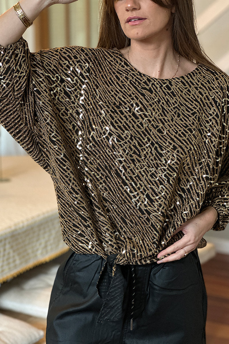Bronze Sequin Patterned Tie-Front Blouse