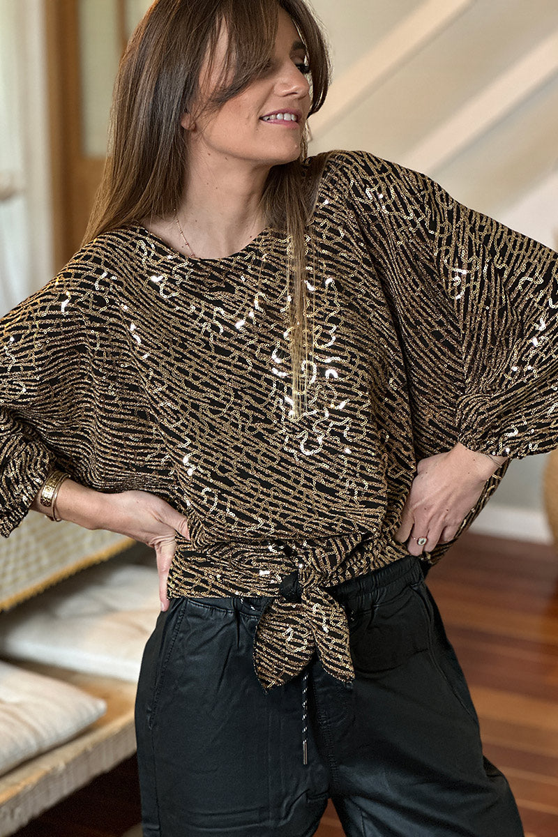 Bronze Sequin Patterned Tie-Front Blouse
