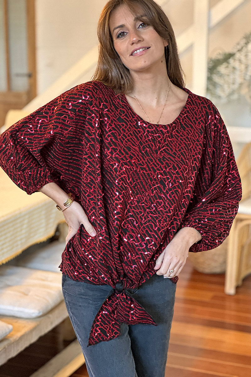 Burgundy Sequin Patterned Tie-Front Blouse