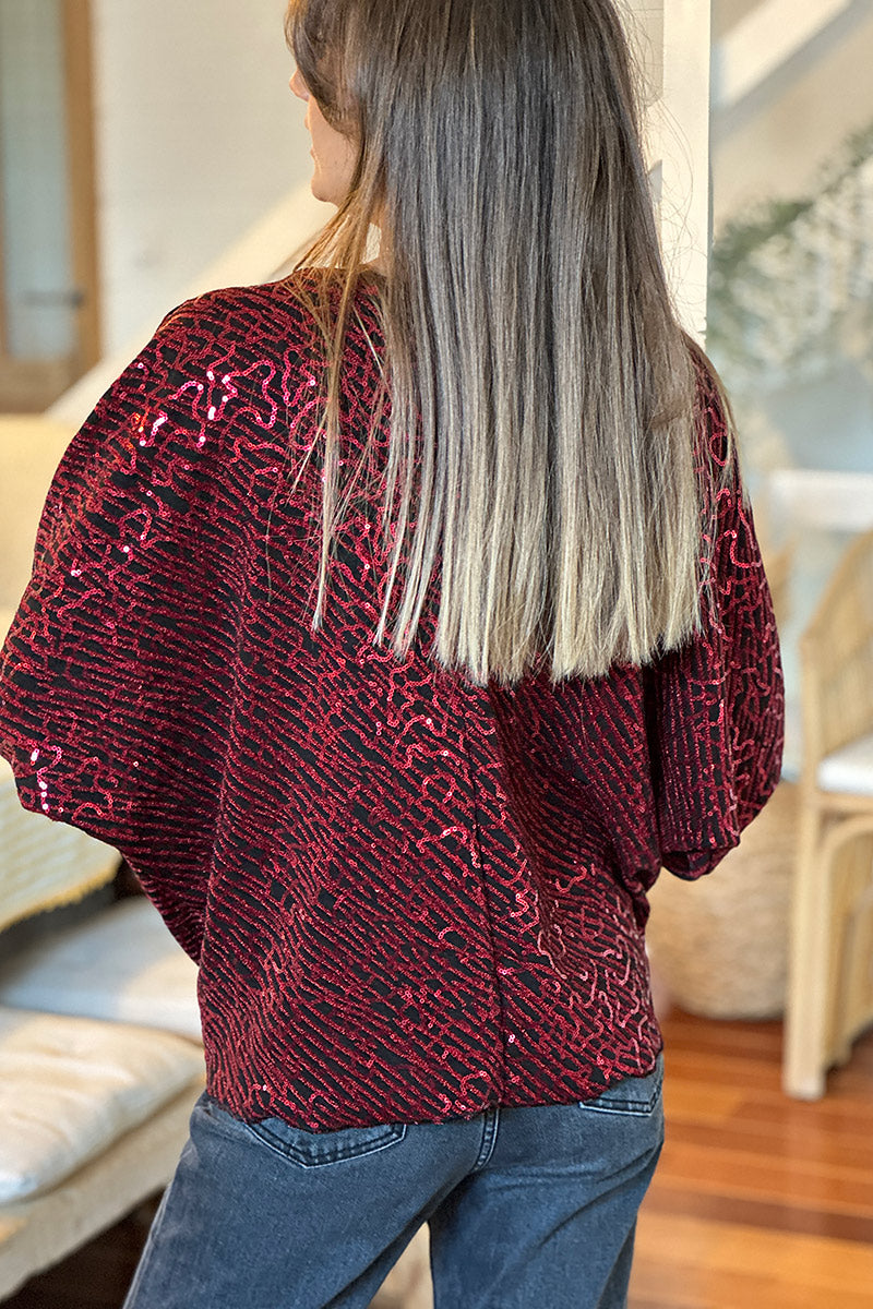 Burgundy Sequin Patterned Tie-Front Blouse