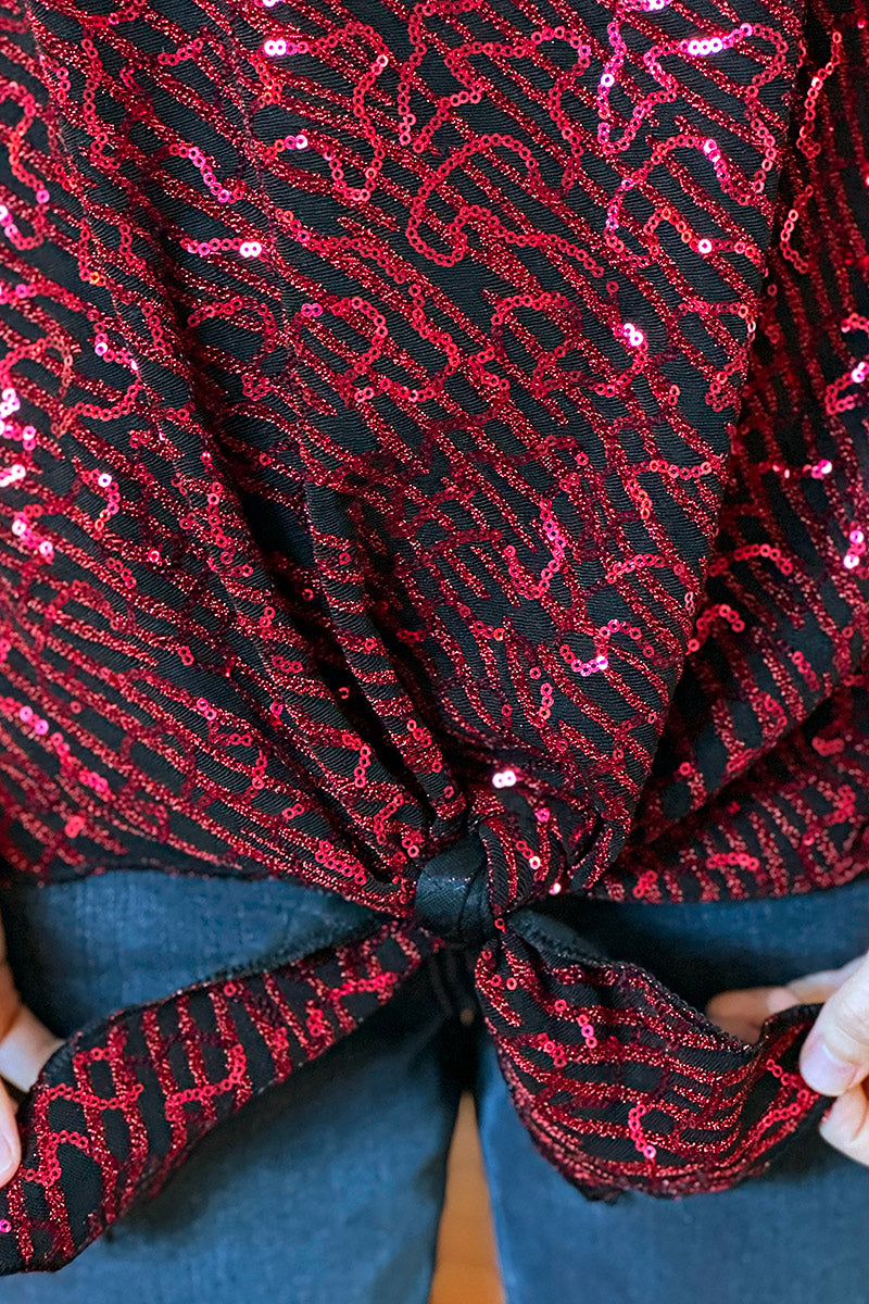 Burgundy Sequin Patterned Tie-Front Blouse