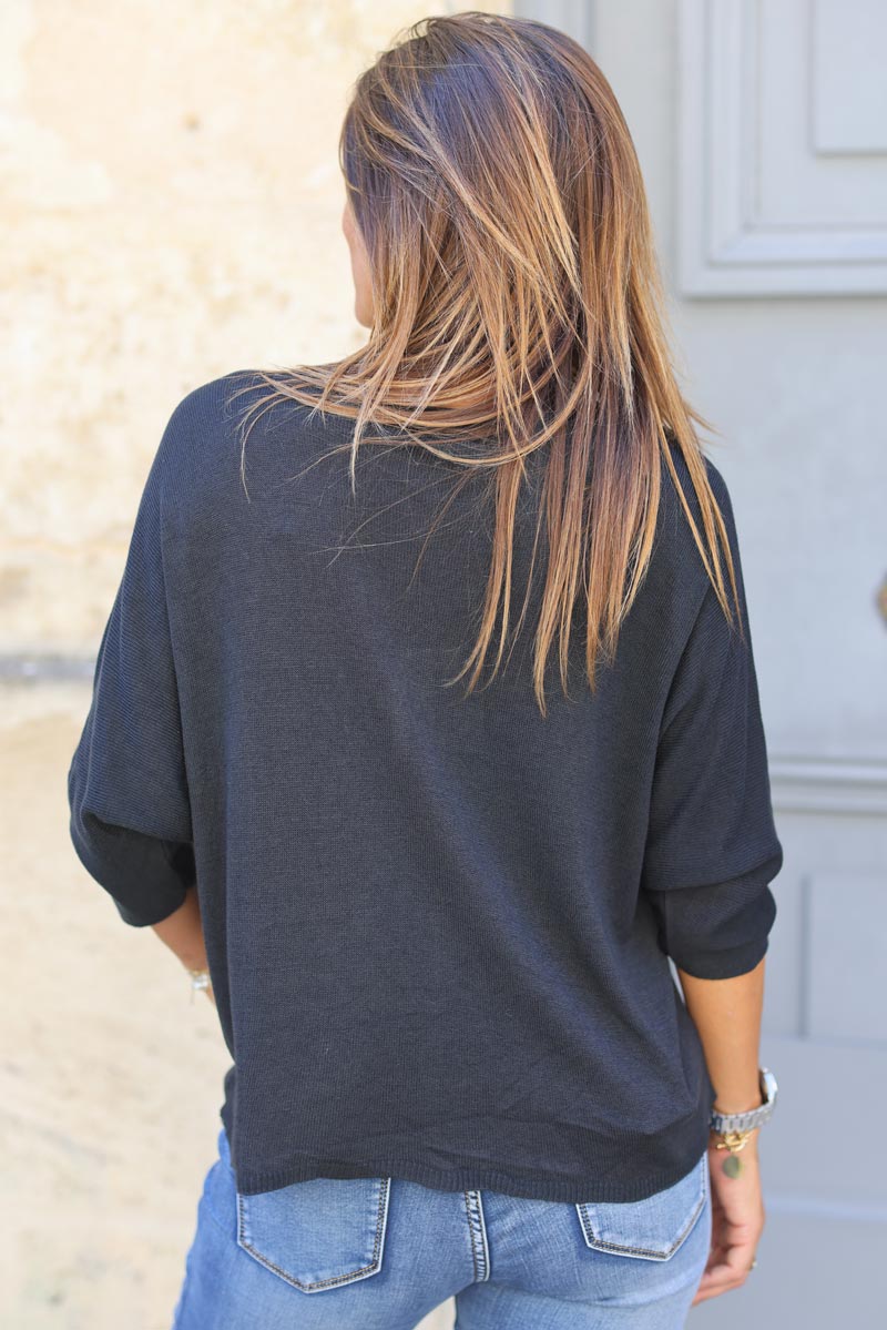 Top noir jersey manches chauve souris E161 (2)