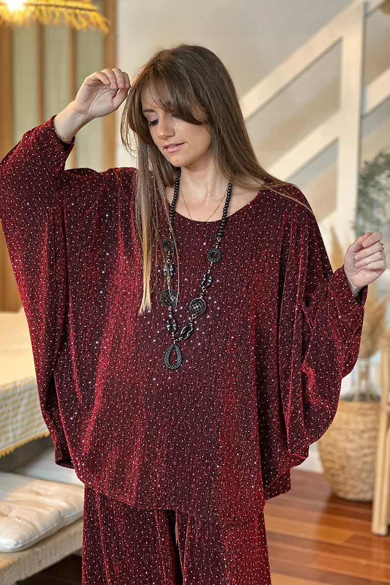 Burgundy Sparkle Knit Blouse