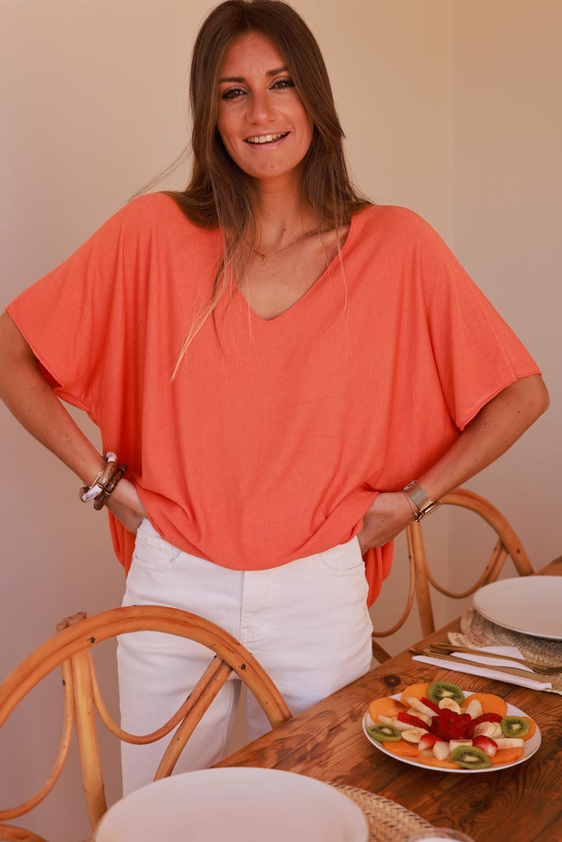 Top orange fluide confort et stretch col v