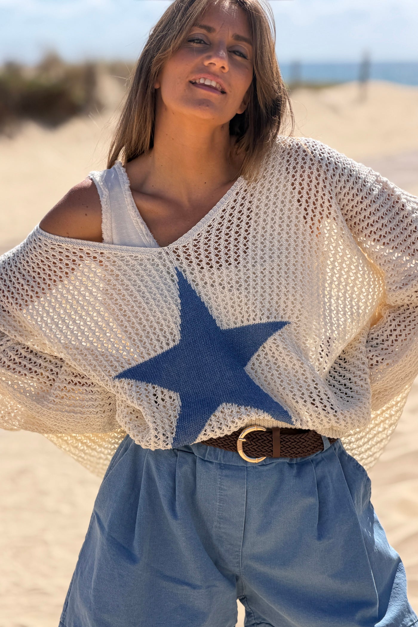 Blue Star Open Knit Poncho Top