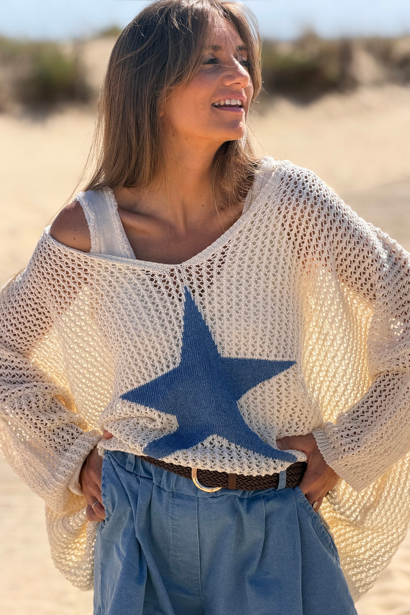 Blue Star Open Knit Poncho Top