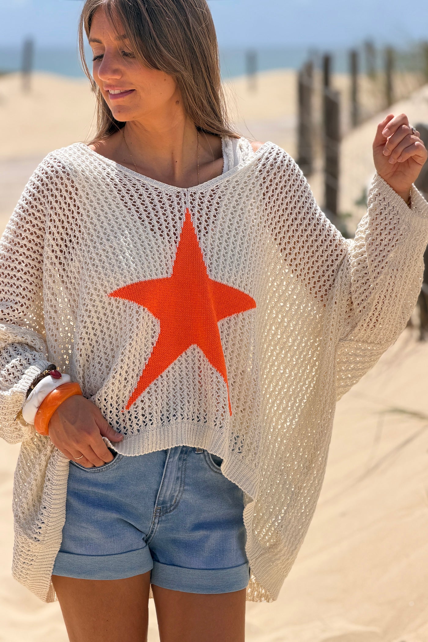 Orange Star Open Knit Poncho Top
