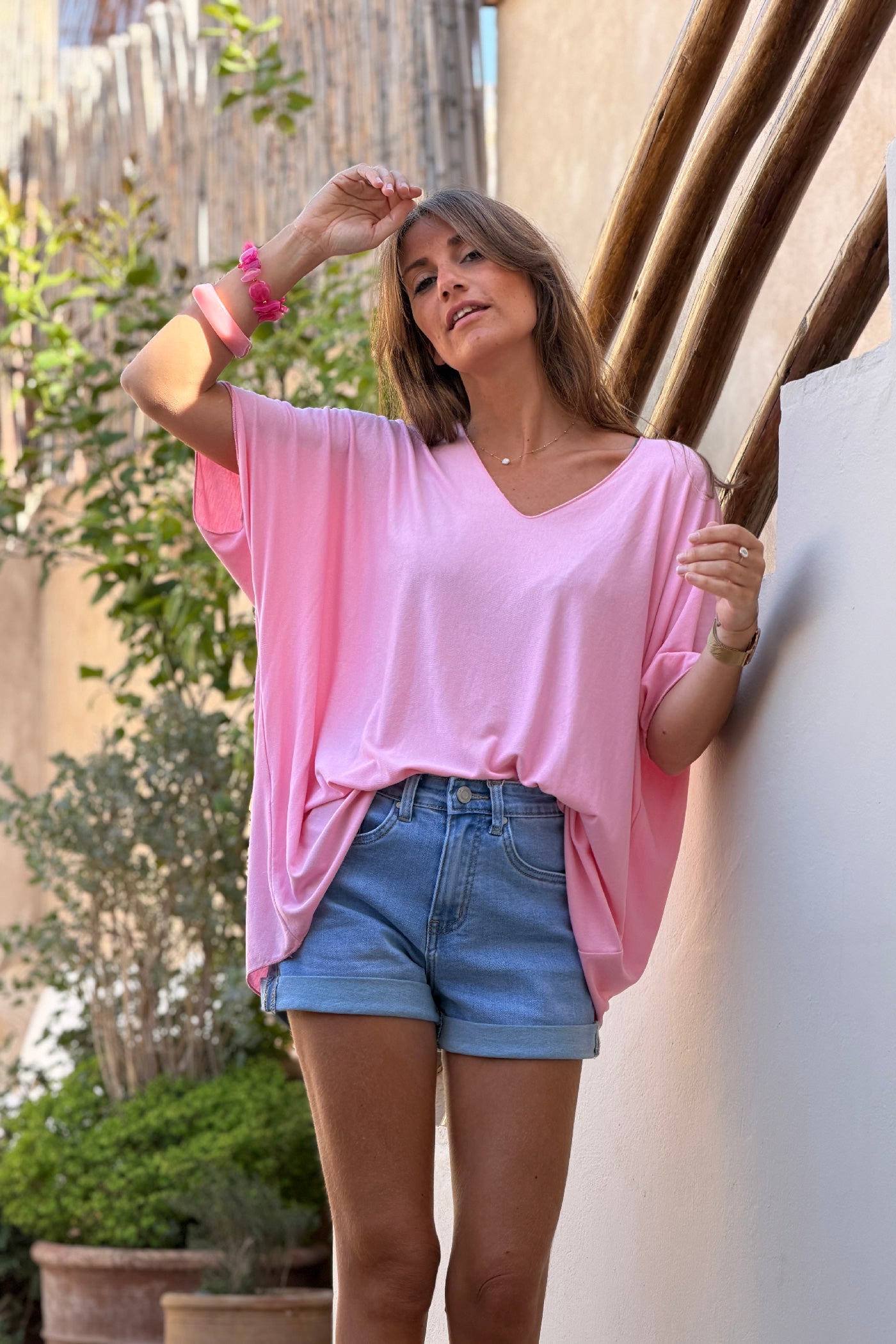 Relaxed fit pink v-neck top