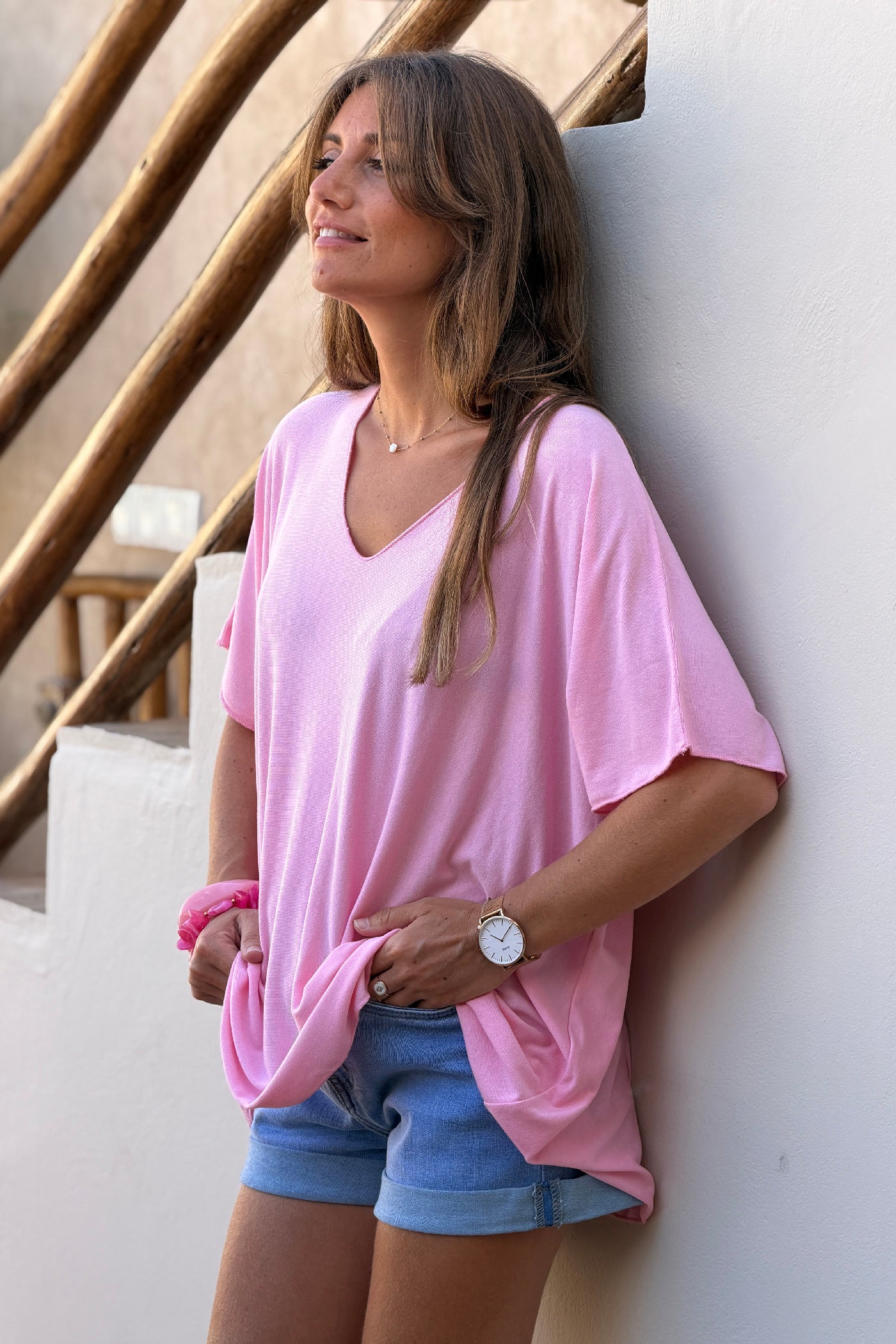 Relaxed fit pink v-neck top
