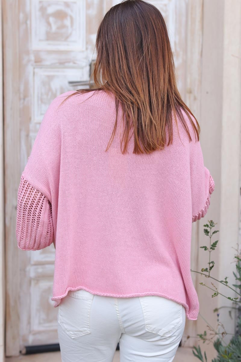 Top rose maille coton et manches crochet G195 (1)