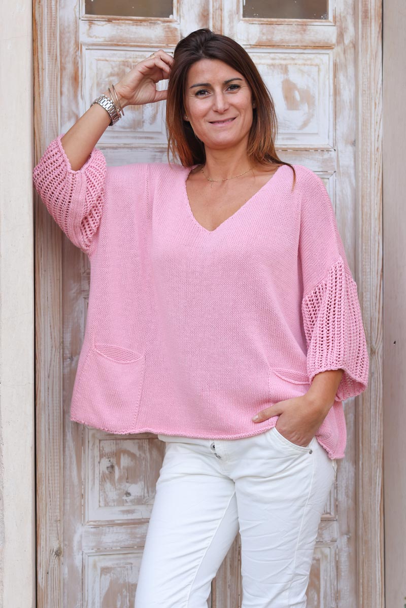 Top rose maille coton et manches crochet G195 (1)