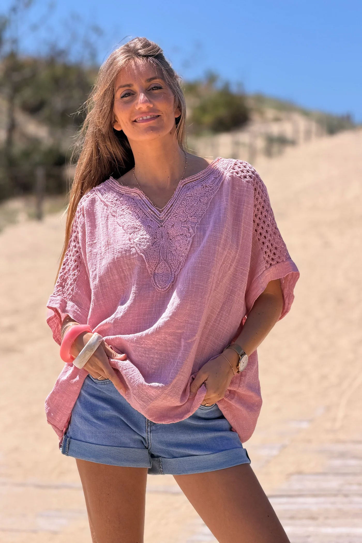 Rose Crochet Sleeve Linen Tunic