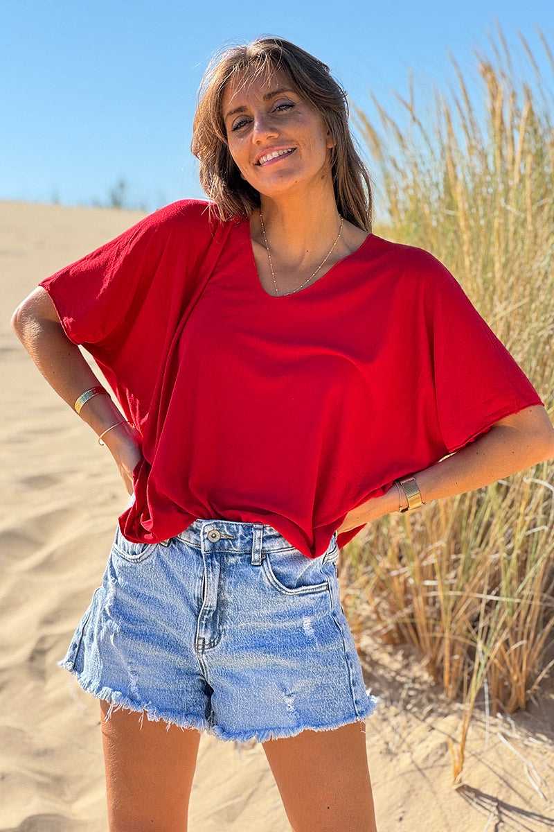Relaxed fit Red V-neck Top